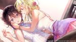  2girls bare_arms bare_shoulders bed black_hair blonde_hair blue_eyes bracelet camisole clothes_around_waist copyright dsmile dutch_angle eyebrows_visible_through_hair furutachi_ren girl_on_top hair_ornament hair_ribbon hand_on_another&#039;s_face hayahoshi_akuru jewelry long_hair medium_hair multiple_girls official_art on_bed oshi_no_love_yori_koi_no_love pink_ribbon pink_skirt purple_sweater ribbed_sweater ribbon skirt sleeveless_sweater sweat sweater sweater_around_waist white_camisole white_sweater yuri 