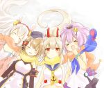  &gt;_&lt; 4girls :d ^_^ ^o^ anchor_symbol animal_ears ayanami_(azur_lane) azur_lane bangs beret bow brown_hair bunny_ears closed_eyes commentary_request crown detached_sleeves ekuramani eyebrows_visible_through_hair eyes_visible_through_hair fake_animal_ears gradient gradient_background hair_bow hair_ornament hair_ribbon hairband hairpin hat headgear iron_cross javelin_(azur_lane) laffey_(azur_lane) long_hair looking_at_viewer lying midriff mini_crown multiple_girls open_mouth ponytail purple_hair red_eyes ribbon scarf school_uniform serafuku shared_scarf short_hair sidelocks silver_hair simple_background sleeping smile twintails white_background white_hair xd z23_(azur_lane) 