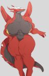  2019 abs anthro audunor big_breasts bikini bikini_top biped bottomless breasts clothed clothing digital_media_(artwork) dragon exeter female fingers grey_background hand_on_hip hi_res huge_breasts muscular muscular_anthro muscular_female nipple_piercing nipple_slip nipples piercing red_body scalie simple_background solo swimwear wide_hips 