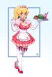  1girl :o absurdres adapted_costume alternate_costume apron blue_eyes breasts brooch bubble_tea cherry cleavage drink drinking_straw elbow_gloves food fruit gem glass gloves high_heels highres jewelry large_breasts lips maid maid_apron maid_headdress mario_(series) pink_footwear ponytail princess_peach riz sauce thighhighs whipped_cream white_gloves white_legwear 