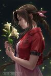  1girl aerith_gainsborough anna_lynn artist_name braid braided_ponytail closed_eyes commentary cropped_jacket dress english_commentary final_fantasy final_fantasy_vii final_fantasy_vii_remake flower from_side hair_ribbon highres holding holding_flower jacket lily_(flower) long_hair pink_dress pink_ribbon red_jacket ribbon short_sleeves solo upper_body very_long_hair 
