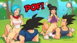  2boys 2girls aqua_eyes aqua_hair arm_rest bangs black_eyes black_hair blouse blue_shirt blunt_bangs blurry blurry_background blush bottomless breasts bulma chi-chi_(dragon_ball) chinese_clothes cleavage clenched_hands cloud covering_mouth cowgirl_position dragon_ball dragon_ball_z embarrassed english_commentary english_text eyebrows_visible_through_hair gloves grass hair_bun highres large_breasts looking_at_another mountain multiple_boys multiple_girls navel neckerchief nortuet onomatopoeia pubic_hair purple_blouse red_neckwear shadow shirt sleeveless sleeveless_shirt small_breasts smoke son_goku spiked_hair straddling surprised thighs tree twitter_username vegeta white_blouse white_gloves wide-eyed 