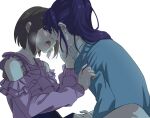 2girls after_kiss asahina_mafuyu blouse blue_sweater blush brown_eyes brown_hair collarbone collared_shirt frills hand_on_another&#039;s_chest hand_on_another&#039;s_face highres kamotarou long_hair multiple_girls nape ponytail project_sekai purple_blouse purple_hair saliva saliva_trail shadow shinonome_ena shirt short_hair simple_background steam straddling sweat sweater tearing_up upper_body upright_straddle white_background yuri 