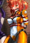  2girls ahoge arms_behind_back ass_visible_through_thighs blush bodysuit command_spell covered_navel crying dorachan_r drooling fate/grand_order fate_(series) fujimaru_ritsuka_(female) gloves highres mash_kyrielight multiple_girls orange_hair restrained shibari short_hair side_ponytail solo_focus thighs yellow_eyes 