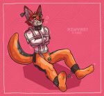  ankle_cuffs anthro bdsm bondage bound canid canine canis chastity_(disambiguation) collar coyote ear_tag gag gagged hi_res kiwyne locked male mammal muzzle_(disambiguation) null null_bulge prison_suit prisoner rubber shackles shock_collar solo straitjacket struggling 