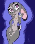  2019 anthro birchly breasts buckteeth covering covering_crotch covering_self disney ear_piercing ear_ring ears_down female front_view fur grey_body grey_fur jewelry judy_hopps lagomorph leporid mammal necklace nipples nude piercing pinup pivoted_ears portrait pose purple_eyes rabbit smile solo teeth three-quarter_portrait zootopia 