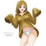  1girl :d brown_coat brown_eyes brown_hair coat collarbone cowboy_shot dated gegege_no_kitarou genderswap genderswap_(mtf) hood hood_up hooded_coat looking_at_viewer midriff navel nezumi_otoko open_mouth panties ryouzou short_hair signature simple_background sleeves_past_fingers sleeves_past_wrists smile solo standing stomach underwear white_background white_panties 