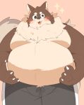  0119_muu 2021 anthro belly blush bottomwear brown_body brown_fur canid canine canis clothing domestic_dog fur hi_res kemono male mammal moobs overweight overweight_anthro overweight_male pants simple_background solo 