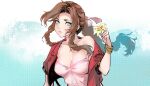  1girl aerith_gainsborough bow braid braided_ponytail breasts brown_hair cleavage cropped_jacket dress drill_hair final_fantasy final_fantasy_vii final_fantasy_vii_remake flower green_eyes highres jacket lips off_shoulder pink_bow pink_dress red_jacket robot_cat side_drill solo tri_drills 