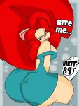  2019 absurd_res anthro big_breasts big_butt blush breasts butt clothing curvy_figure dialogue digital_media_(artwork) domestic_cat dress english_text felid feline felis female fur hair hi_res hourglass_figure huge_breasts huge_butt inkit89 looking_at_viewer looking_back mammal red_hair simple_background simple_eyes sitting smile solo talking_to_viewer tan_body tan_fur text thick_thighs tongue tongue_out voluptuous wide_hips 