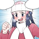  1girl :d beanie black_hair blank_speech_bubble blush breath clenched_hand coat cold commentary_request dawn_(pokemon) emphasis_lines eyelashes hand_up hat korean_commentary long_hair long_sleeves nutkingcall open_mouth outline pokemon pokemon_(game) pokemon_dppt pokemon_platinum red_coat scarf smile solo speech_bubble sweat teeth template tongue upper_body white_headwear white_scarf 