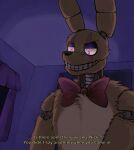  2020 animatronic annoyed anthro bow_tie chest_tuft closed_smile death dialogue digital_drawing_(artwork) digital_media_(artwork) english_text five_nights_at_freddy&#039;s five_nights_at_freddy&#039;s_3 fluffy fur lagomorph leporid looking_at_another machine male mammal mechanical_jaws purple_eyes rabbit robot solo springtrap_(fnaf) tan_body tan_fur text tuft video_games 