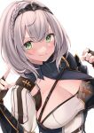  1girl black_gloves breasts cleavage eyebrows_visible_through_hair fingerless_gloves gloves green_eyes highres hololive large_breasts looking_at_viewer mole mole_on_breast roriwanko shirogane_noel short_hair silver_hair simple_background smile solo virtual_youtuber white_background 