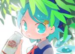  1girl blue_eyes blue_hair blue_vest bottle cirno commentary_request foam_mustache hair_ornament holding leaf looking_at_viewer milk milk_bottle moyazou_(kitaguni_moyashi_seizoujo) school_uniform serafuku shirt solo star_(symbol) star_hair_ornament touhou vest white_shirt wings 