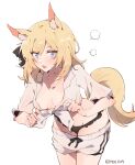  1girl animal_ear_fluff animal_ears areola_slip areolae arknights bangs black_ribbon blonde_hair blue_eyes blush breasts cleavage clothes_pull commentary_request eyebrows_visible_through_hair highres horse_ears horse_girl horse_tail kyou_039 large_breasts leaning_forward long_hair looking_at_viewer navel open_mouth ribbon shorts shorts_pull solo tail twitter_username whislash_(arknights) white_background 