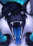  2021 anthro black_body black_fur black_nose blue_eyes blue_tongue bodily_fluids canid canine clockhands digital_media_(artwork) drooling eyebrows fangs fur gaping_mouth headshot_portrait looking_at_viewer mammal mouth_shot open_mouth portrait saliva solo throat tongue white_body white_fur 