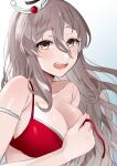  1girl absurdres bangs bikini blush breasts brown_eyes cleavage covering covering_breasts gradient gradient_background grey_hair hair_between_eyes hat highres kantai_collection large_breasts long_hair open_mouth pola_(kancolle) red_bikini simple_background solo swimsuit thick_eyebrows toriniku_senshi_chikinman upper_body wavy_hair 