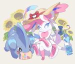 blue_eyes bottle bow brown_eyes can closed_mouth commentary_request drinking_straw fangs flower gen_4_pokemon gen_6_pokemon gible hat hat_ribbon hatted_pokemon holding holding_bottle izobe no_humans open_mouth paws pokemon pokemon_(creature) red_ribbon ribbon sitting straw_hat sunflower sylveon toes 