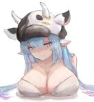  1girl animal_ears animal_print bangs blue_hair breasts cleavage collarbone cow_ears cow_girl cow_hat cow_horns cow_print draph ear_piercing gnai granblue_fantasy hair_between_eyes horns large_breasts long_hair looking_at_viewer piercing shatola_(granblue_fantasy) 