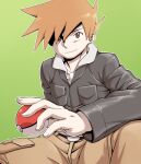  1boy bangs belt belt_buckle blue_oak brown_eyes brown_pants buckle closed_mouth green_background highres holding holding_poke_ball jacket jewelry long_sleeves male_focus necklace nutkingcall orange_hair outline pants poke_ball poke_ball_(basic) pokemon pokemon_(game) pokemon_hgss simple_background smile solo spiked_hair spread_legs 