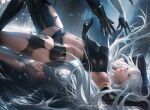  1girl android armlet artist_name bangs banned_artist bare_shoulders black_gloves black_shorts blue_eyes elbow_gloves falling gloves hair_between_eyes joints long_hair navel nier_(series) nier_automata out_of_frame outstretched_arms parted_lips sakimichan shorts silver_hair tank_top thighs yorha_type_a_no._2 