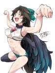  1girl :d abs armpits bird_wings black_legwear black_wings bow brown_eyes brown_hair commentary_request covered_nipples green_bow hair_bow highres long_hair looking_at_viewer open_mouth reiuji_utsuho simple_background single_thighhigh smile solo sports_bikini thighhighs third_eye touhou turtleneck uguisu_(happy_turn) v-shaped_eyebrows white_background wings 