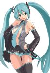  1girl :d bangs black_legwear black_skirt black_sleeves blue_hair blue_neckwear breasts collared_shirt covered_nipples detached_sleeves dress_shirt floating_hair green_eyes grey_shirt hair_between_eyes hair_ornament hands_on_hips hatsune_miku headphones headset long_hair long_sleeves looking_at_viewer medium_breasts microphone miniskirt navel necktie open_clothes open_mouth open_shirt panties pleated_skirt ryouzou shiny shiny_hair shirt sideboob simple_background skirt sleeveless sleeveless_shirt smile solo standing striped striped_panties thigh_gap thighhighs underwear very_long_hair vocaloid white_background wing_collar 