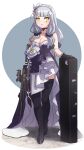  1girl assault_rifle bare_shoulders black_footwear black_legwear blue_background breasts circle cleavage dress facial_mark flower formal girls_frontline gloves gun gun_case h&amp;k_hk416 hair_ornament hairband highres hk416_(girls_frontline) kuro_kosyou long_hair marble_floor official_alternate_costume rifle shoes silver_hair solo standing strapless strapless_dress teardrop thighhighs weapon white_background yellow_eyes 