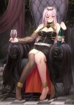  1girl anklet bangs barefoot belt black_dress blush bottle breasts brown_legwear chair cleavage commentary_request crown cup curtains detached_collar dress drinking_glass eyebrows_visible_through_hair finalcake highres holding holding_bottle holding_cup hololive hololive_english jewelry knees_together_feet_apart large_breasts light_smile long_hair looking_at_viewer mismatched_legwear mori_calliope partial_commentary pile_of_skulls pink_eyes pink_hair single_thighhigh sitting slouching solo thighhighs tile_floor tiles toenail_polish toenails veil very_long_hair virtual_youtuber wine_bottle wine_glass 