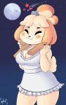  absurd_res animal_crossing anthro big_breasts breasts canid canine canis cleavage clothed clothing disembodied_hand domestic_dog dress eyes_closed female hi_res isabelle_(animal_crossing) mammal moon night_sky nintendo panthera_cantus petting smile solo star thick_thighs uwu video_games 