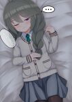  ... 1girl 9magitune ahoge bangs bed_sheet blue_eyes blue_skirt blush braid brown_legwear closed_mouth collared_shirt eyebrows_visible_through_hair green_neckwear grey_hair grey_jacket hair_between_eyes hair_over_shoulder half-closed_eye highres jacket long_hair long_sleeves lying necktie on_back one_eye_closed pantyhose pleated_skirt princess_connect! princess_connect!_re:dive shirt skirt sleeves_past_wrists solo spoken_ellipsis sweat translation_request twin_braids wavy_mouth white_shirt yuni_(princess_connect!) yuni_(real)_(princess_connect!) 