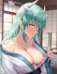  1girl bangs blush breasts chihunhentai collarbone dragon_girl dragon_horns fate/grand_order fate_(series) green_hair highres horns japanese_clothes kimono kiyohime_(fate) large_breasts long_hair long_sleeves looking_at_viewer multiple_horns nipples one_breast_out parted_lips sash white_kimono wide_sleeves yellow_eyes 