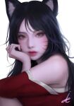  1girl absurdres ahri animal_ears black_hair detached_sleeves facial_mark fox_ears fox_girl highres korean_clothes league_of_legends lips long_hair looking_at_viewer pinker simple_background slit_pupils solo whisker_markings white_background 