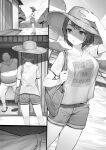  1boy 1girl absurdres ass bulge clothes_writing commentary contrapposto door english_commentary faceless faceless_male fat fat_man greyscale hat highres kotoribako monochrome original outdoors porch shirt short_hair shorts smile sun_hat sweat 