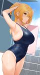 1girl adjusting_hair armpits arms_up bangs bare_arms bare_shoulders blonde_hair blue_swimsuit blush breasts closed_mouth covered_navel cowboy_shot day dutch_angle eyebrows_visible_through_hair fence from_side groin hair_between_eyes hair_tie_in_mouth highres large_breasts legs_together long_hair looking_at_viewer mouth_hold nekoshoko one-piece_swimsuit open_mouth orange_eyes orange_hair original outdoors profile solo standing swimsuit thighs towel tying_hair wet wet_clothes wet_swimsuit 
