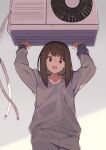  1girl :d air_conditioner arms_up bangs breasts brown_hair evil_smile eyebrows_visible_through_hair highres lifting looking_at_viewer open_mouth original short_hair smile solo tomioka_jirou 