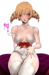  1girl blonde_hair blue_eyes breasts catherine catherine_(game) choker collarbone drill_hair heart heart-shaped_pupils j.k. lace lace_choker large_breasts leotard one_eye_closed sitting solo symbol-shaped_pupils thighhighs twin_drills waist_bow white_legwear white_leotard 