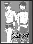  3:4 abstract_background anthro anthrofied beard boxer_briefs briefs bulge clothed clothing crotch_tuft duo english_text facial_hair fuze greyscale hi_res lucas_(fuze) luxio male monochrome navel nintendo nipples pok&eacute;mon pok&eacute;mon_(species) pok&eacute;morph pose text topless torracat tuft underwear underwear_only video_games 