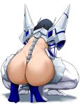  1girl ass ass_focus bakkanki black_hair blue_footwear boots from_behind gloves high_heel_boots high_heels highres junketsu kamui_(kill_la_kill) kill_la_kill kiryuuin_satsuki long_hair revealing_clothes solo squatting thigh_boots thighhighs white_background white_legwear 