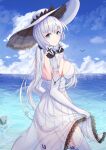 1girl azur_lane backless_dress backless_outfit bare_shoulders black_ribbon blue_eyes blue_sky breasts cloud cowboy_shot dress from_side garter_straps hair_ribbon hat illustrious_(azur_lane) lace-trimmed_dress lace-trimmed_headwear lace_trim large_breasts long_hair looking_at_viewer looking_to_the_side ocean ribbon see-through_dress skirt_hold sky sleeveless sleeveless_dress solo strapless strapless_dress sun_hat thighhighs tmtl_aos tress_ribbon two-tone_headwear water white_dress white_hair white_headwear white_legwear 