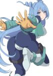  1girl ass bangs blue_eyes blush bodysuit boku_no_hero_academia boots breasts cameltoe drill_hair foot_up from_behind gloves hadou_nejire hair_rings large_breasts light_blue_hair long_hair looking_at_viewer looking_back shiny shiny_hair shiseki_hirame simple_background skin_tight smile solo twin_drills very_long_hair white_background white_gloves 