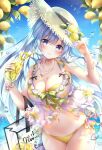  1girl bag bare_arms bare_shoulders bikini blue_eyes blue_hair breasts cleavage collarbone cowboy_shot cup drinking_glass drinking_straw emori_miku emori_miku_project flower_bracelet food frilled_bikini frills fruit hands_up hat highres holding jewelry large_breasts lemon lemon_slice long_hair looking_at_viewer nail_polish navel necklace outdoors paper_bag sakura_moyon shoulder_bag side-tie_bikini solo stomach straw_hat string_bikini swimsuit thighs very_long_hair white_bikini white_headwear yellow_bikini yellow_nails 