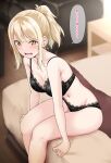  1girl armpit_crease black_bra black_panties blonde_hair blurry blurry_background blush bra breasts cleavage collarbone commentary couch feet_out_of_frame grabbing groin hair_between_eyes highres lingerie looking_at_viewer love_live! love_live!_nijigasaki_high_school_idol_club medium_breasts medium_hair miyashita_ai navel nervous on_bed open_mouth panties ponytail shadow sidelocks sitting solo thighs translated underwear underwear_only wooden_floor yellow_eyes yopparai_oni 