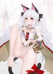  1girl absurdres animal_ears azur_lane breasts cat_ears cat_tail character_request check_character cosplay doha_skylightscent dress fake_animal_ears feet highres le_malin_(azur_lane) le_malin_(azur_lane)_(cosplay) long_hair long_sleeves looking_at_viewer no_bra no_shoes original panties panties_under_pantyhose pantyhose pointy_ears red_eyes silver_hair skirt small_breasts tail thighhighs toes twintails underwear white_dress white_legwear white_skirt 