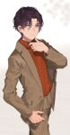  1boy absurdres bangs black_hair blue_eyes brown_jacket brown_pants commentary eyebrows_visible_through_hair hand_up highres jacket koyoi_mitsuki long_sleeves looking_at_viewer male_focus open_clothes open_jacket original pants parted_bangs red_shirt shirt solo standing 