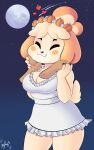  absurd_res animal_crossing anthro big_breasts breasts canid canine canis cleavage clothed clothing disembodied_hand domestic_dog dress eyes_closed female flower flower_crown hi_res isabelle_(animal_crossing) mammal moon night_sky nintendo panthera_cantus petting plant smile solo star thick_thighs uwu video_games 