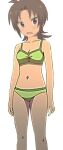  1girl 2015 absurdres annoyed antenna_hair bare_legs bikini breasts brown_hair cleavage collarbone female green_bikini green_swimsuit highres iguana_bikini iizuka_yuzu looking_at_viewer navel open_mouth possible_duplicate purple_eyes sakura_trick short_hair solo standing swimsuit 