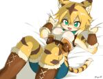  2020 anthro armor armwear bed blonde_hair blush boots bottomwear bracers breasts brown_body brown_fur brown_hair cheek_tuft claws clothed clothing cute_fangs eyebrow_through_hair eyebrows facial_tuft felid female finger_claws fingers footwear fur furniture green_eyes hair hi_res inner_ear_fluff kemono looking_at_viewer lying mammal mgro02 mia_(world_flipper) multicolored_body multicolored_ears multicolored_fur multicolored_hair multicolored_tail neckerchief on_back on_bed open_mouth pantherine satchel shirt short_hair shorts signature solo tank_top tiger tight_clothing tongue topwear translucent translucent_hair tuft white_body white_fur white_hair world_flipper yellow_body yellow_fur 