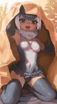  1girl :3 :d armpits arms_up bangs barefoot blush breasts commentary_request covered_navel elbow_gloves eyebrows_visible_through_hair fingerless_gloves from_below fur_scarf gloves grey_hair grey_leotard highres kemono_friends kneeling leotard looking_at_viewer medium_breasts melaton multicolored_hair open_mouth outdoors short_hair small-clawed_otter_(kemono_friends) smile solo streaked_hair thighhighs toes v-shaped_eyebrows white_hair 