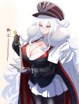  1girl absurdres azur_lane bangs black_gloves black_headwear black_jacket bra bra_peek breasts cape chopsticks cleavage cloak crossed_bangs eyebrows_visible_through_hair fur-trimmed_cape fur_trim gloves graf_zeppelin_(azur_lane) hat hey_taisyou highres jacket large_breasts long_hair military military_hat military_uniform miniskirt pantyhose peaked_cap pleated_skirt red_eyes simple_background skirt solo taut_jacket thighband_pantyhose underwear uniform very_long_hair white_background white_bra white_cloak white_hair white_skirt 